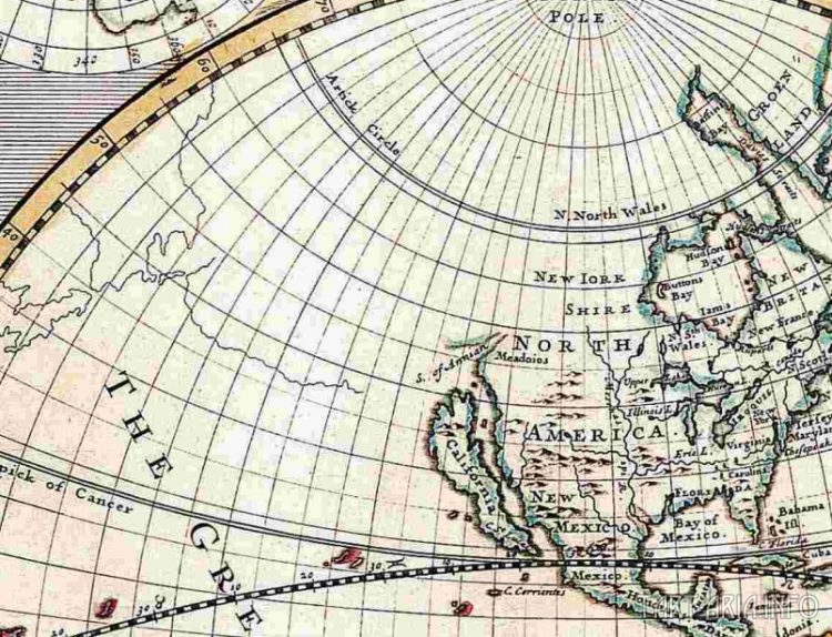Фрагмент Новой карта мира Джона Сенекса. 1720г. Северо-запад Америки на дне океана