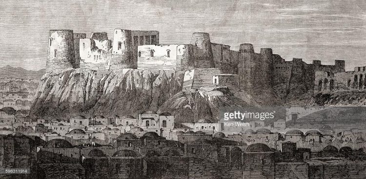 citadela Herátu, Afghánistán, rytina z 19. století
