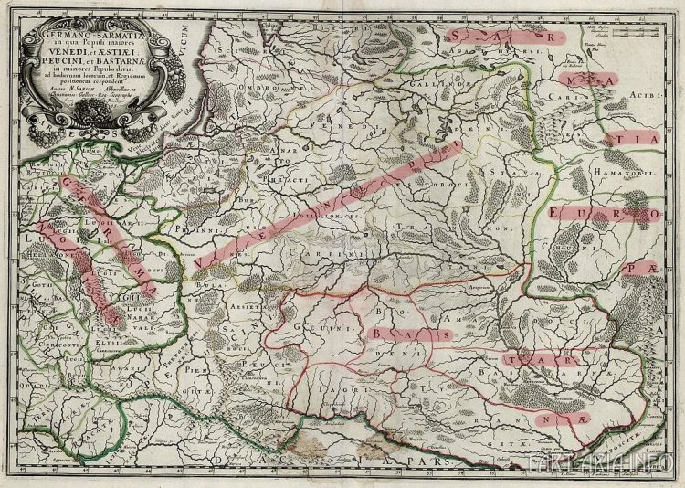 Germano-Sarmatia in qua Populi maiores Venedi, et Aestiaei, Peucini, et Bastarnae in minors (Германо-Сарматия, где проживают большей частью венеды, и меньшей: эсты, пеусины, бастарны), 1655. Источник