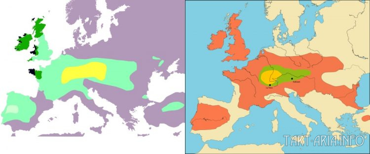 Слева: Современная карта распространения кельтов ранее и сейчас. Источник   
Справа: Ядро расселения кельтов в 800 г. до н. э., из которого они начали свою экспансию (оранжевый цвет), и латенская культура в 400 г. до н. э. (коричневый цвет) Источник  